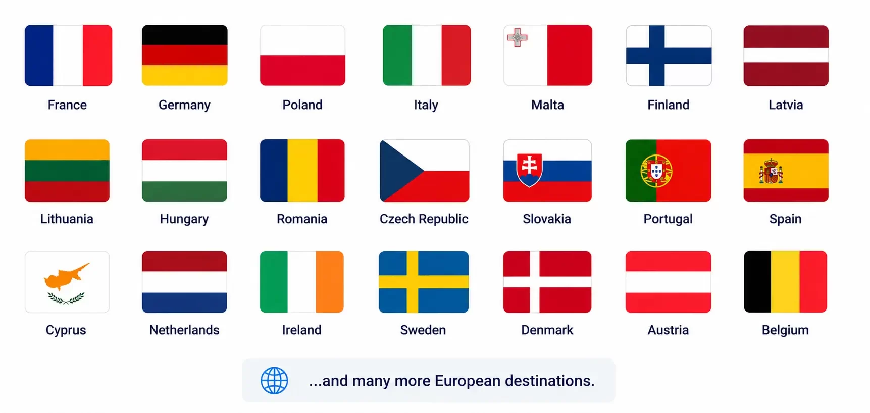 European study destinations including France, Germany, Poland, Italy, Malta, Finland, Latvia, Lithuania and other countries.